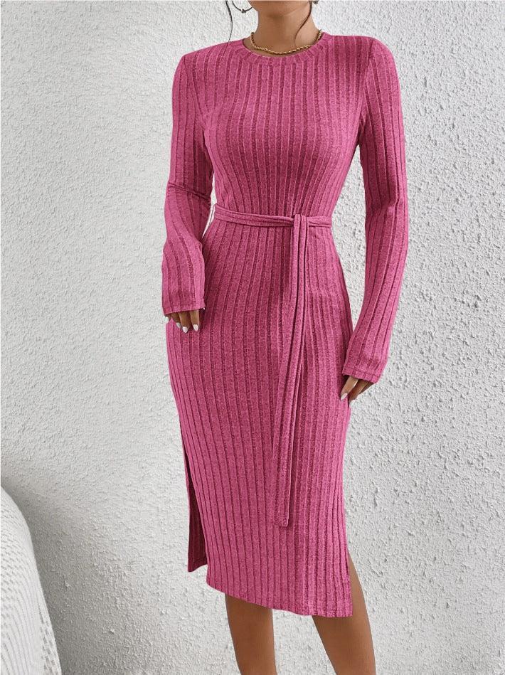 Ladies Ribbed Knit Belted Midi Dress G1026 - SWEETKAMA