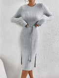 Ladies Ribbed Knit Belted Midi Dress G1026 - SWEETKAMA