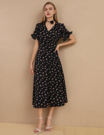 Ladies Rose Choker Trim Floral Midi Dress SKD431 - SWEETKAMA