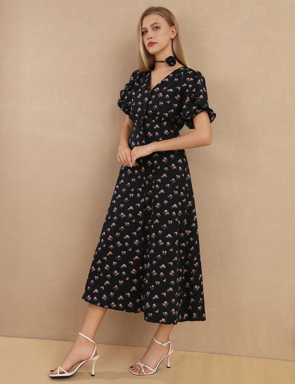 Ladies Rose Choker Trim Floral Midi Dress SKD431 - SWEETKAMA