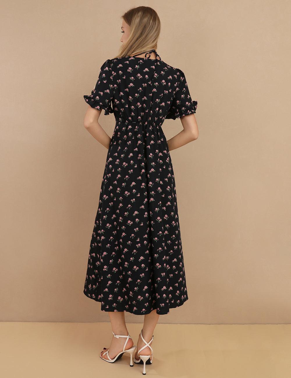 Ladies Rose Choker Trim Floral Midi Dress SKD431 - SWEETKAMA