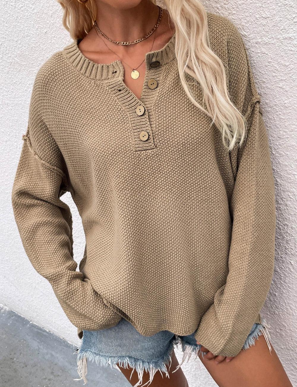 Ladies Round Neck Button Knit Sweater E2197 - SWEETKAMA