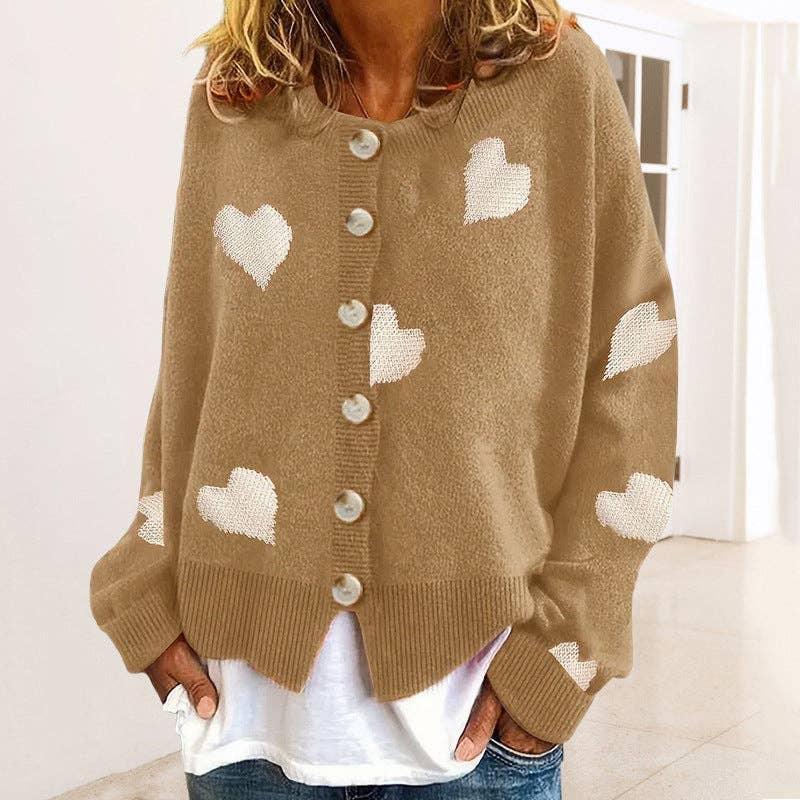 Ladies Round Neck Heart Botton Open Cardigan 2368 - SWEETKAMA