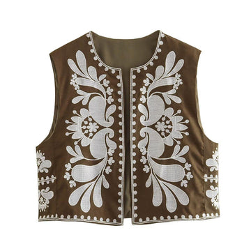 Ladies Round Neck Sleeveless Embroidered Vest B88466 - SWEETKAMA