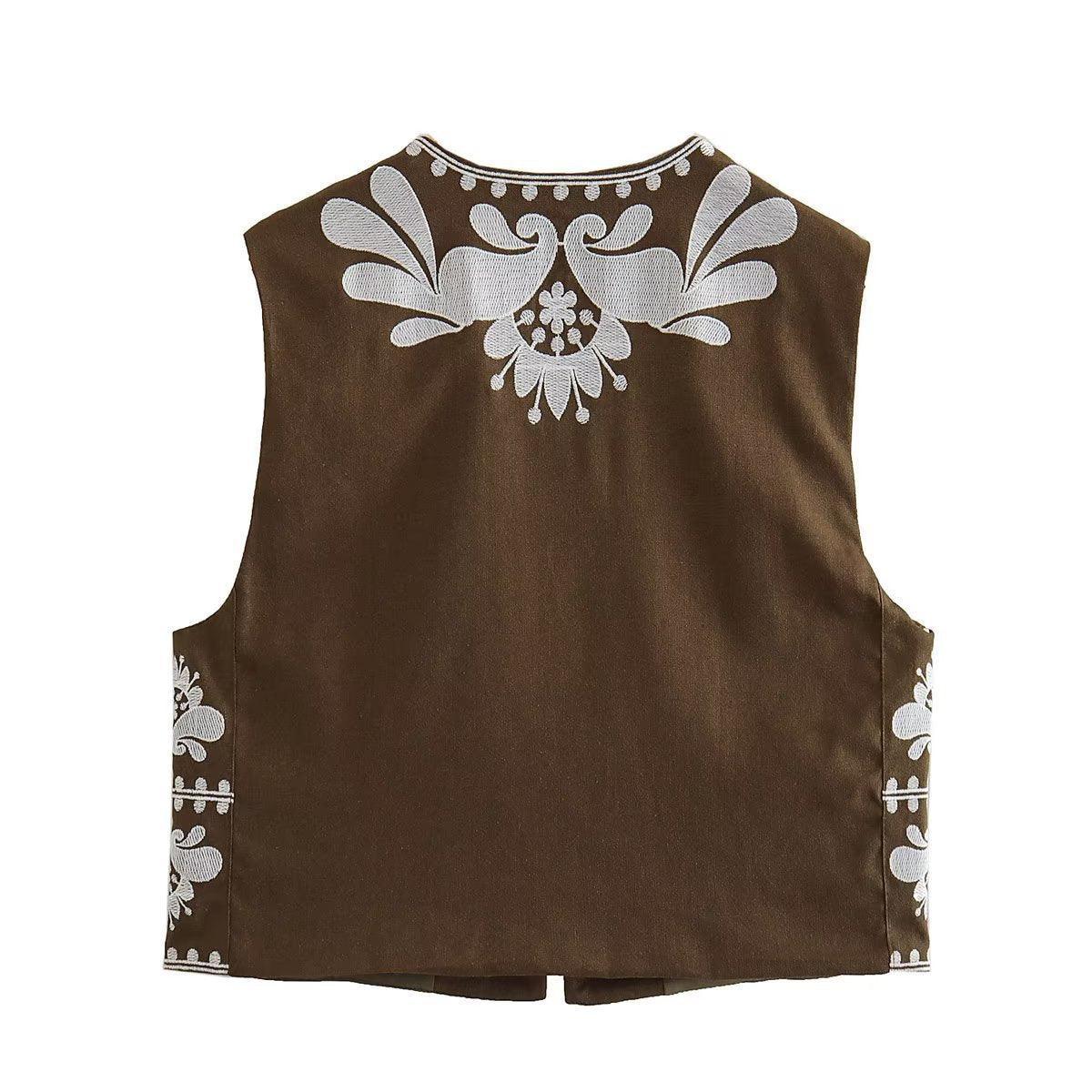 Ladies Round Neck Sleeveless Embroidered Vest B88466 - SWEETKAMA