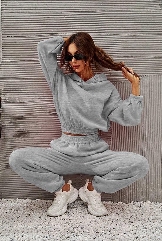 Ladies Round Neck Solid Color Hoodie & Pant 2PCS Set 1727 - SWEETKAMA