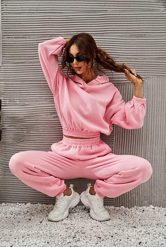 Ladies Round Neck Solid Color Hoodie & Pant 2PCS Set 1727 - SWEETKAMA