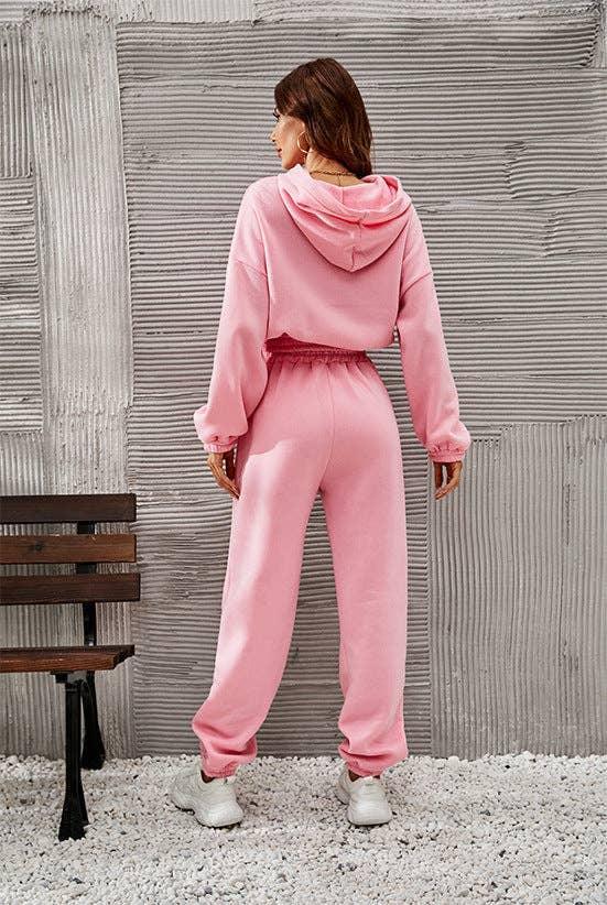 Ladies Round Neck Solid Color Hoodie & Pant 2PCS Set 1727 - SWEETKAMA