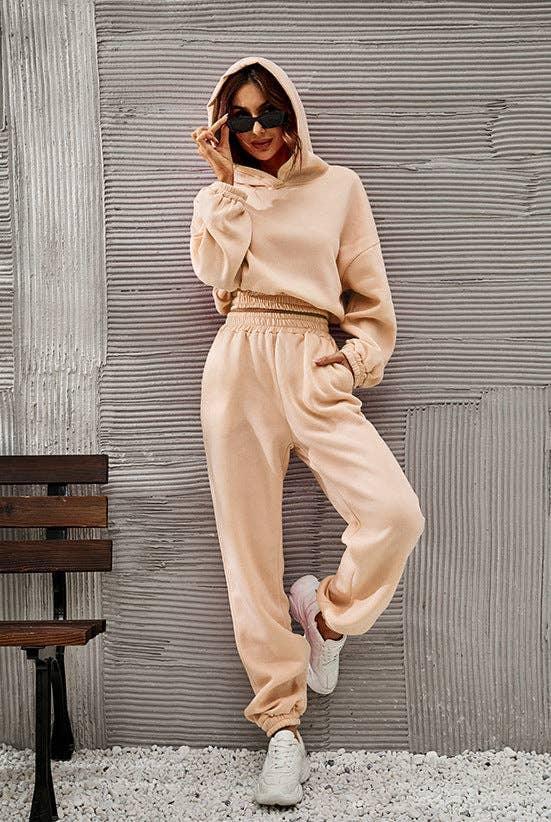 Ladies Round Neck Solid Color Hoodie & Pant 2PCS Set 1727 - SWEETKAMA