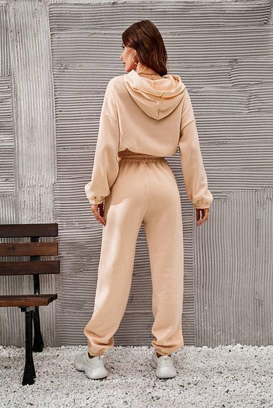 Ladies Round Neck Solid Color Hoodie & Pant 2PCS Set 1727 - SWEETKAMA