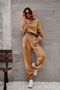 Ladies Round Neck Solid Color Hoodie & Pant 2PCS Set 1727 - SWEETKAMA