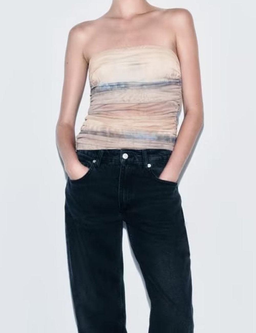 Ladies Ruched Mesh Tie Dye Tube Top HH-8895 - SWEETKAMA