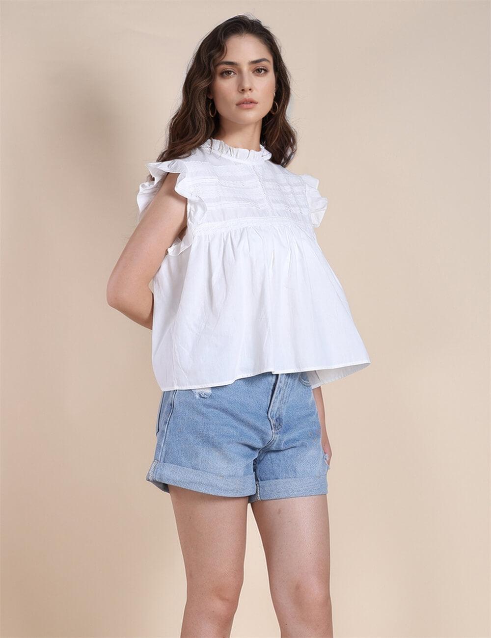 Ladies Ruffle Flutter Sleeves White Blouse SKT490 - SWEETKAMA