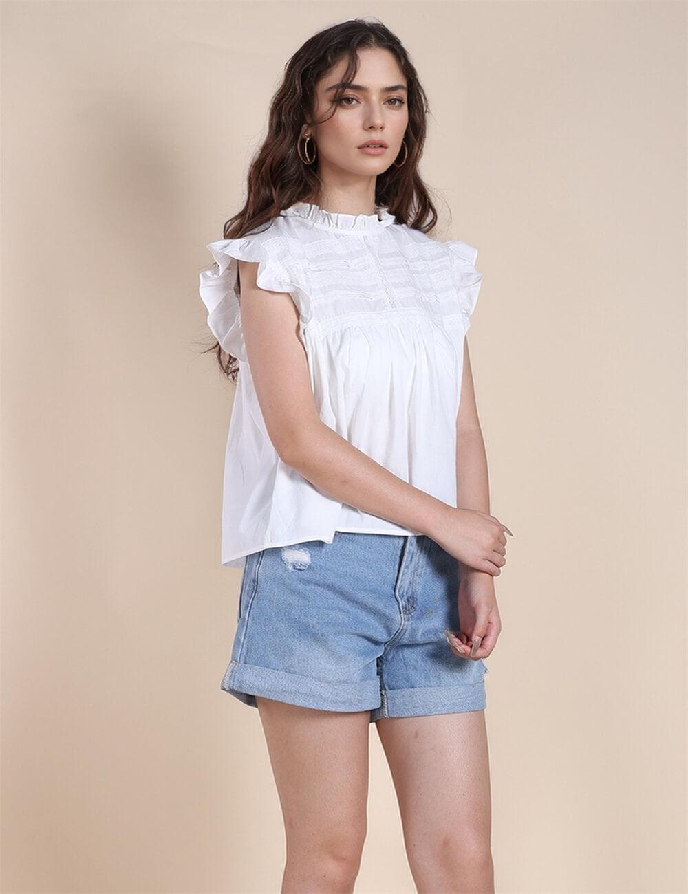 Ladies Ruffle Flutter Sleeves White Blouse SKT490 - SWEETKAMA