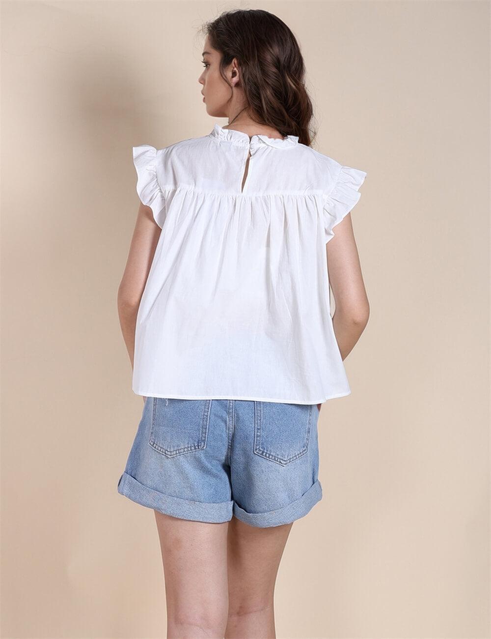 Ladies Ruffle Flutter Sleeves White Blouse SKT490 - SWEETKAMA