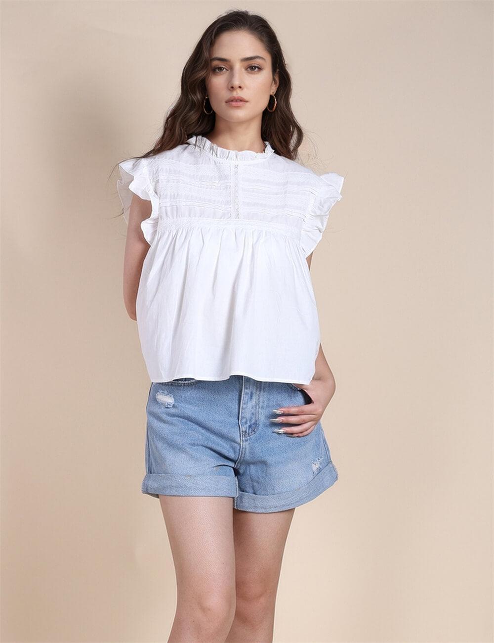 Ladies Ruffle Flutter Sleeves White Blouse SKT490 - SWEETKAMA