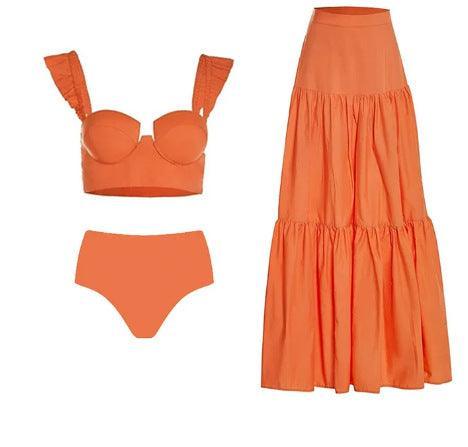 Ladies Ruffle Shoulder Straps Bikini Set with Skirt Cover Y198 - SWEETKAMA