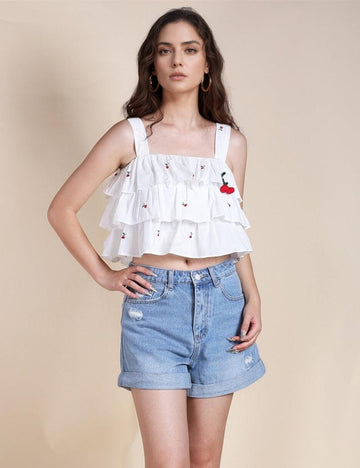 Ladies Ruffled Strap Shoulder Crop Top SKT492 - SWEETKAMA