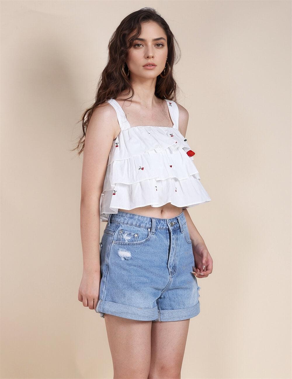 Ladies Ruffled Strap Shoulder Crop Top SKT492 - SWEETKAMA