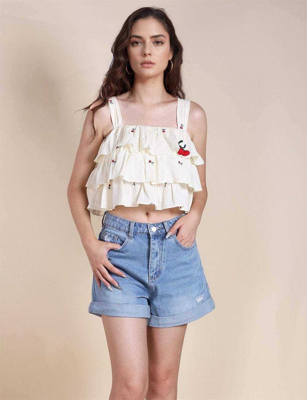 Ladies Ruffled Strap Shoulder Crop Top SKT492 - SWEETKAMA