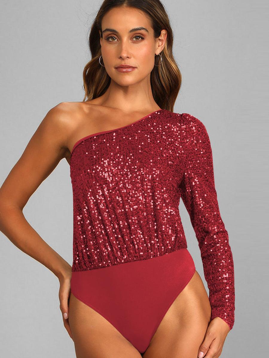 Ladies Sequin One Shoulder Bodysuit EKCZ - SWEETKAMA