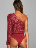 Ladies Sequin One Shoulder Bodysuit EKCZ - SWEETKAMA