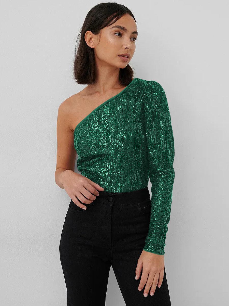 Ladies Sequin One Shoulder Bodysuit EKCZ - SWEETKAMA