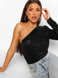 Ladies Sequin One Shoulder Bodysuit EKCZ - SWEETKAMA