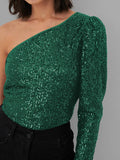 Ladies Sequin One Shoulder Bodysuit EKCZ - SWEETKAMA