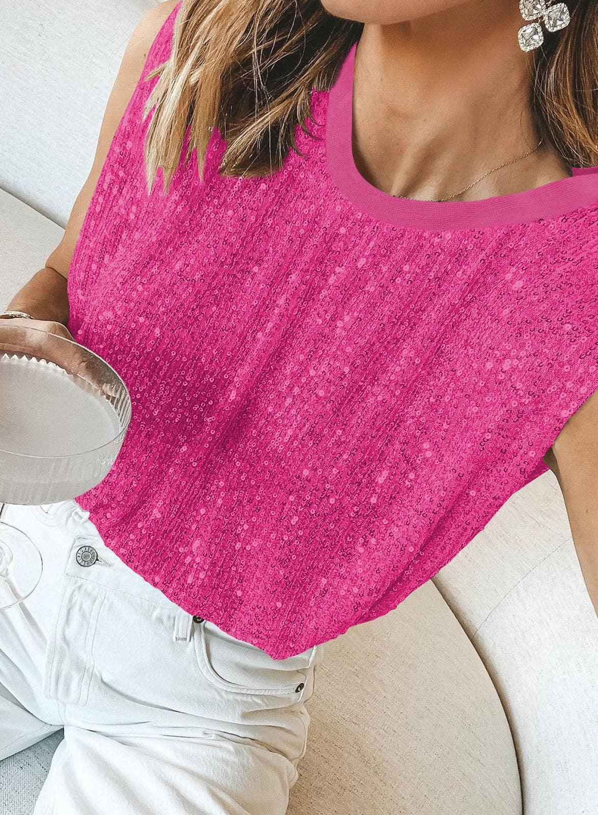 Ladies Sequin Sparkly Round Neck Sleeveless Blouse ESWG - SWEETKAMA