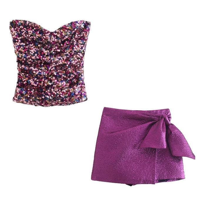 Ladies Sequin Strapless Top And Skorts Set 8620 - SWEETKAMA