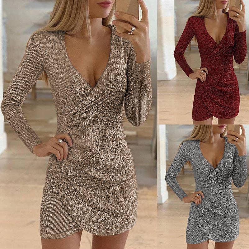 Ladies Sequin V-Neck Long Sleeves Mini Dress WT03 - SWEETKAMA