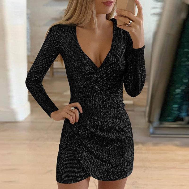 Ladies Sequin V-Neck Long Sleeves Mini Dress WT03 - SWEETKAMA