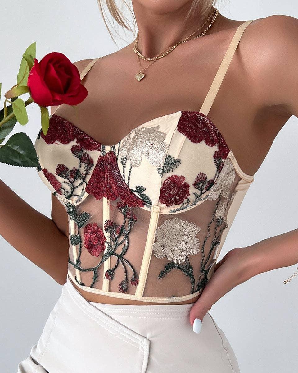 Ladies Sexy Rose Embroidery See Sheer Corset M60369 - SWEETKAMA