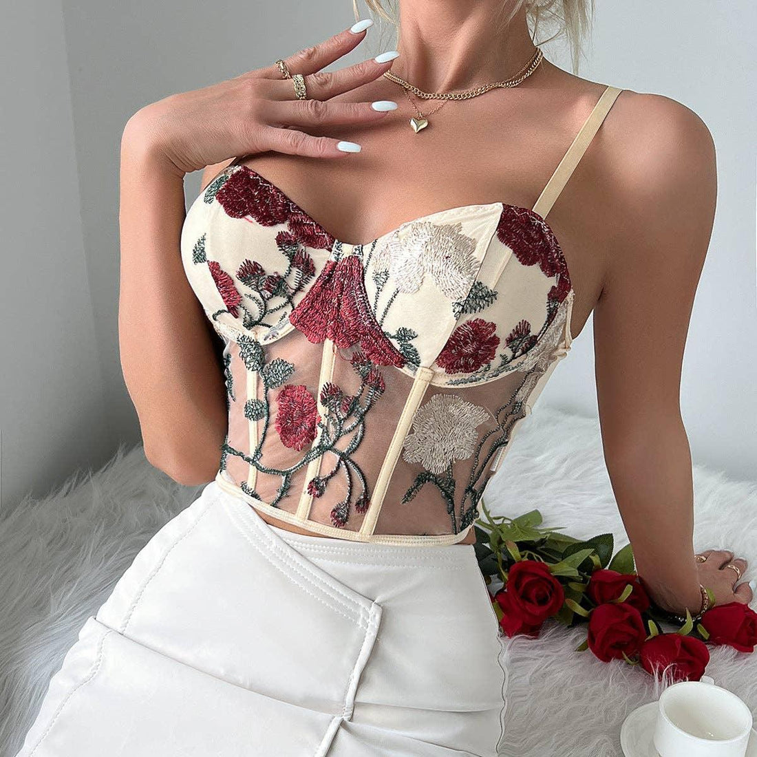 Ladies Sexy Rose Embroidery See Sheer Corset M60369 - SWEETKAMA