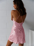 Ladies Shining Sexy Backless Hip Wrap Mini Dress EQOW - SWEETKAMA