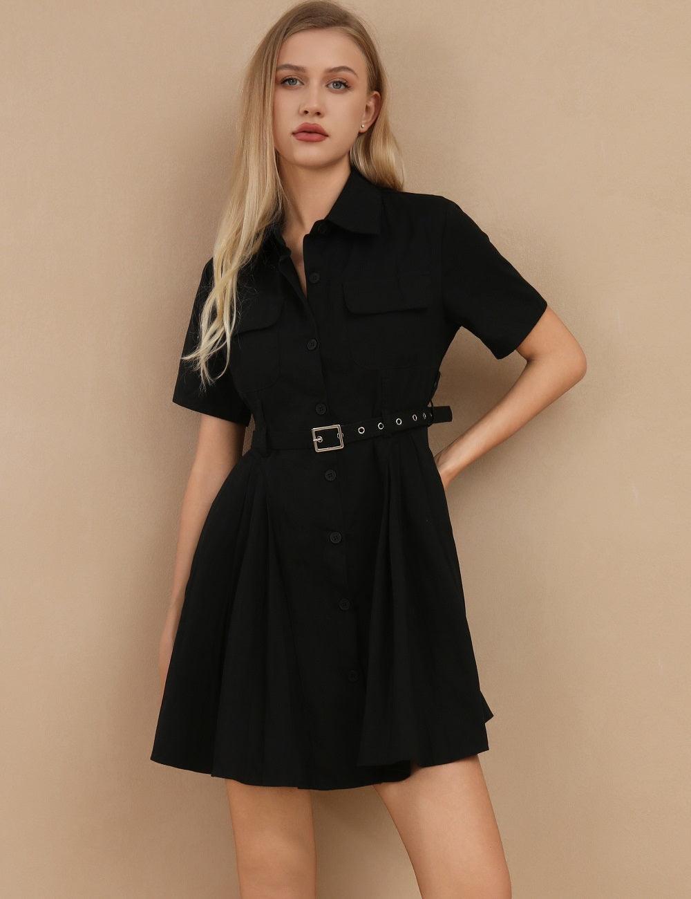 Ladies Short Sleeves Lapel Botton Mini Dress SKD403 - SWEETKAMA