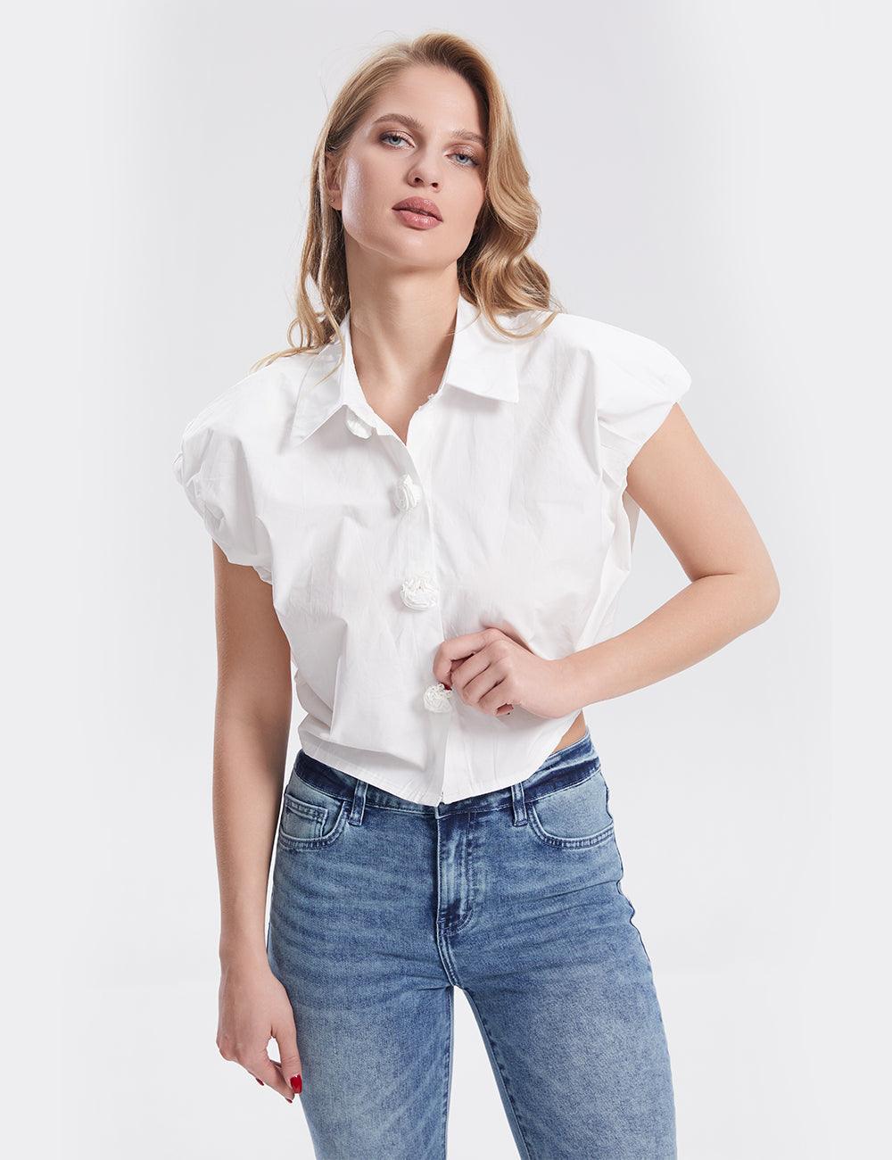 Ladies Short Sleeves Rose Botton Down Chic Shirt SKT291 - SWEETKAMA