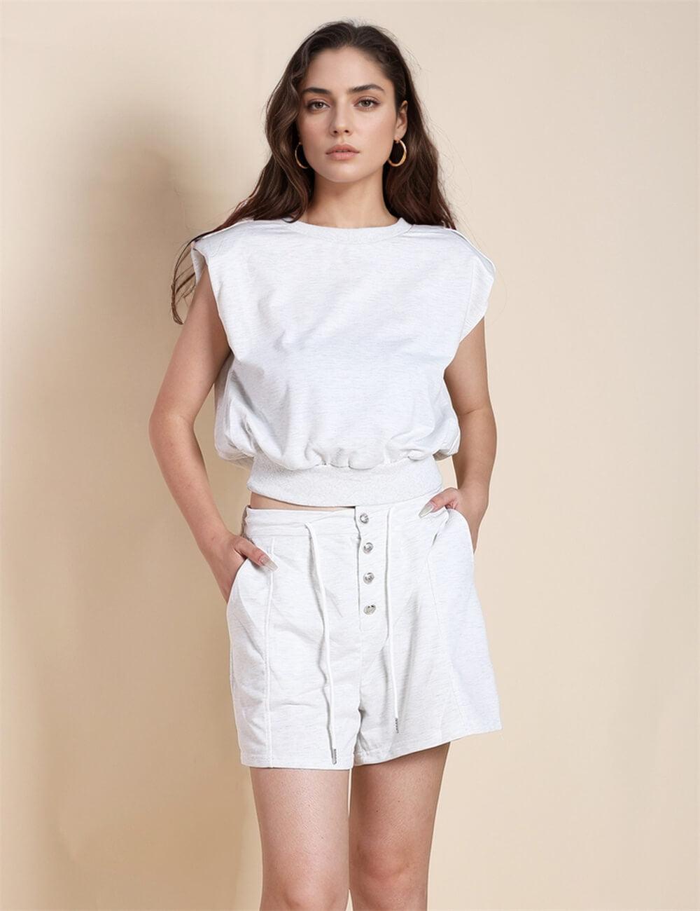 Ladies Shoulder Pad Sleeveless Tee Shorts Sets SKST506 - SWEETKAMA