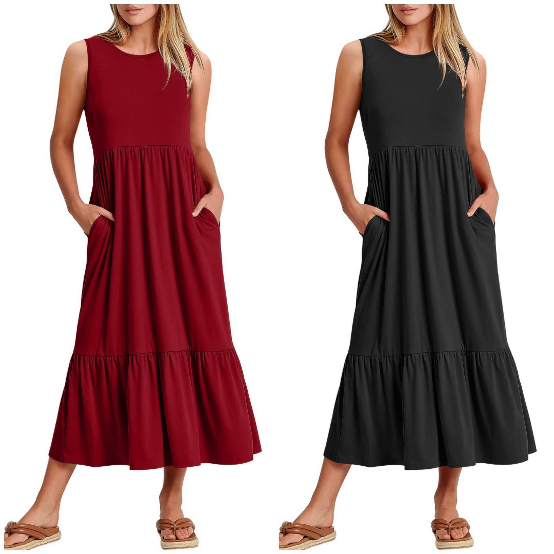 Ladies Sleeveles Pockets Simple Midi Dress 9123 - SWEETKAMA