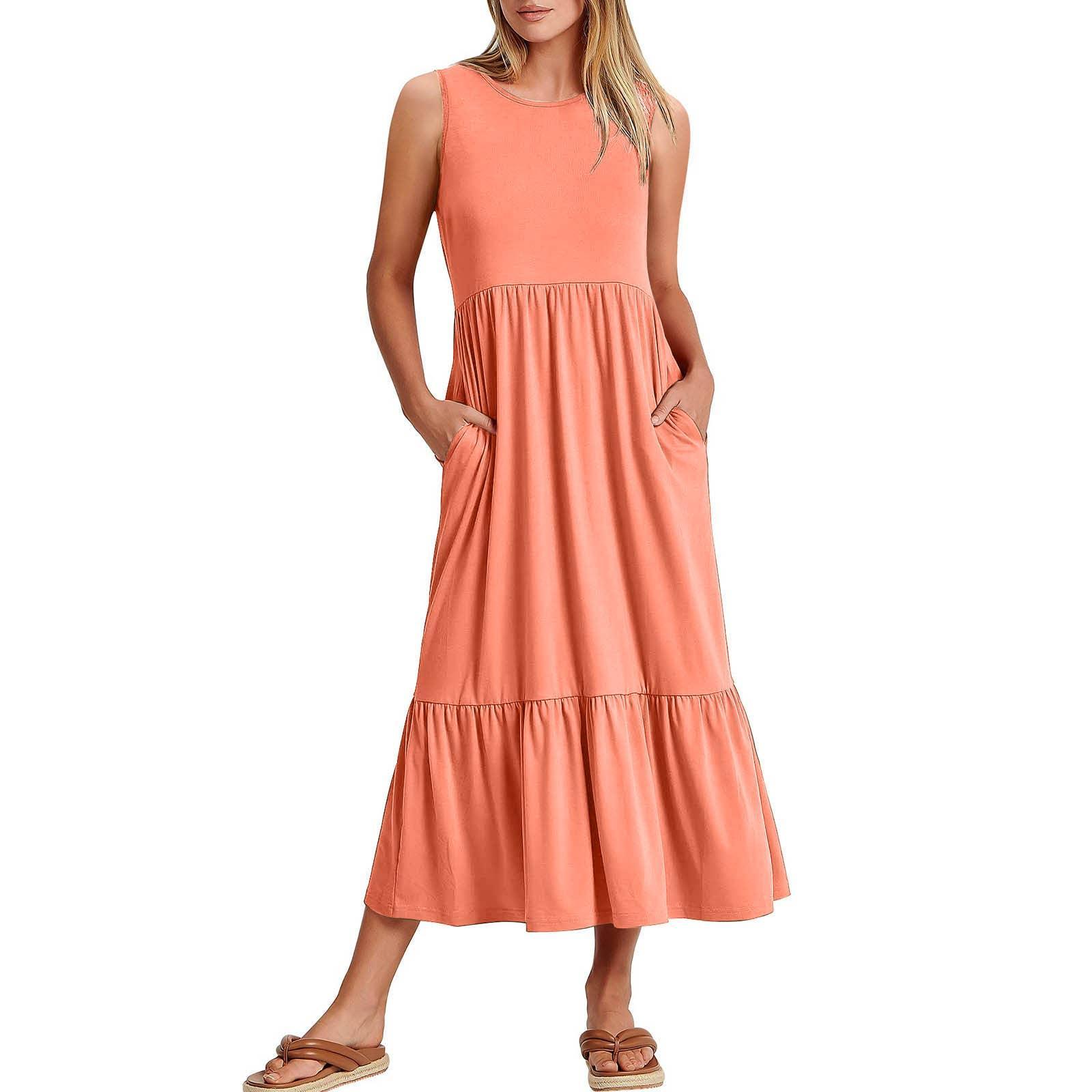 Ladies Sleeveles Pockets Simple Midi Dress 9123 - SWEETKAMA