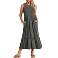 Ladies Sleeveles Pockets Simple Midi Dress 9123 - SWEETKAMA