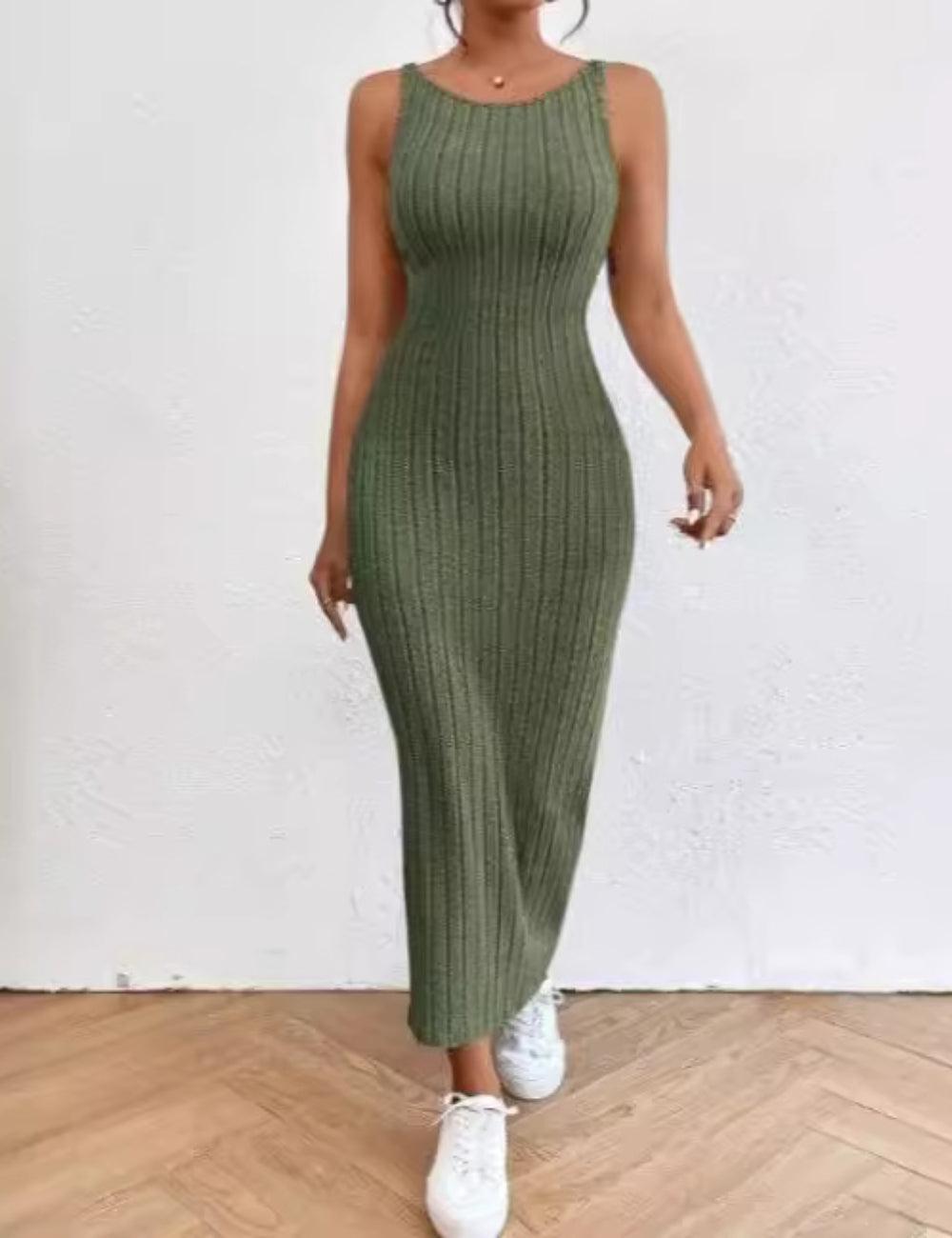 Ladies Sleeveless Ribbed Knit Midi Dress 6021# - SWEETKAMA