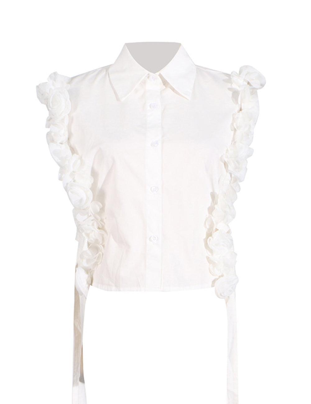 Ladies Sleeveless White Rosette Shirt SKX5210 - SWEETKAMA