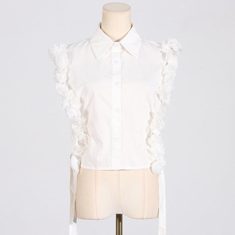 Ladies Sleeveless White Rosette Shirt SKX5210 - SWEETKAMA