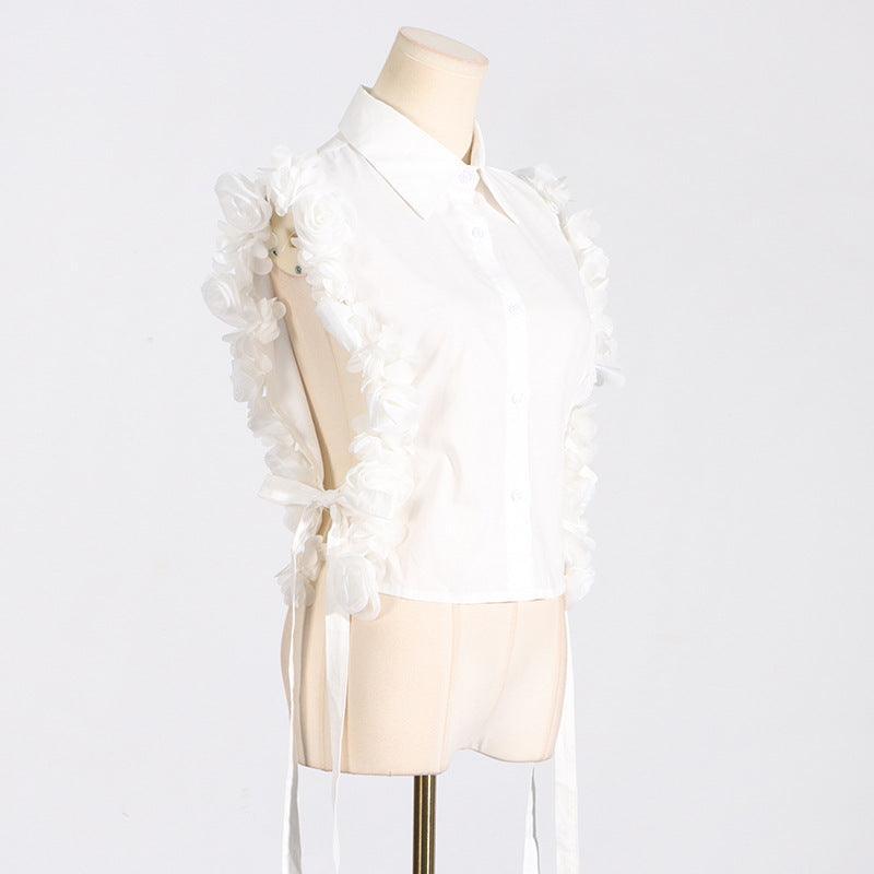 Ladies Sleeveless White Rosette Shirt SKX5210 - SWEETKAMA