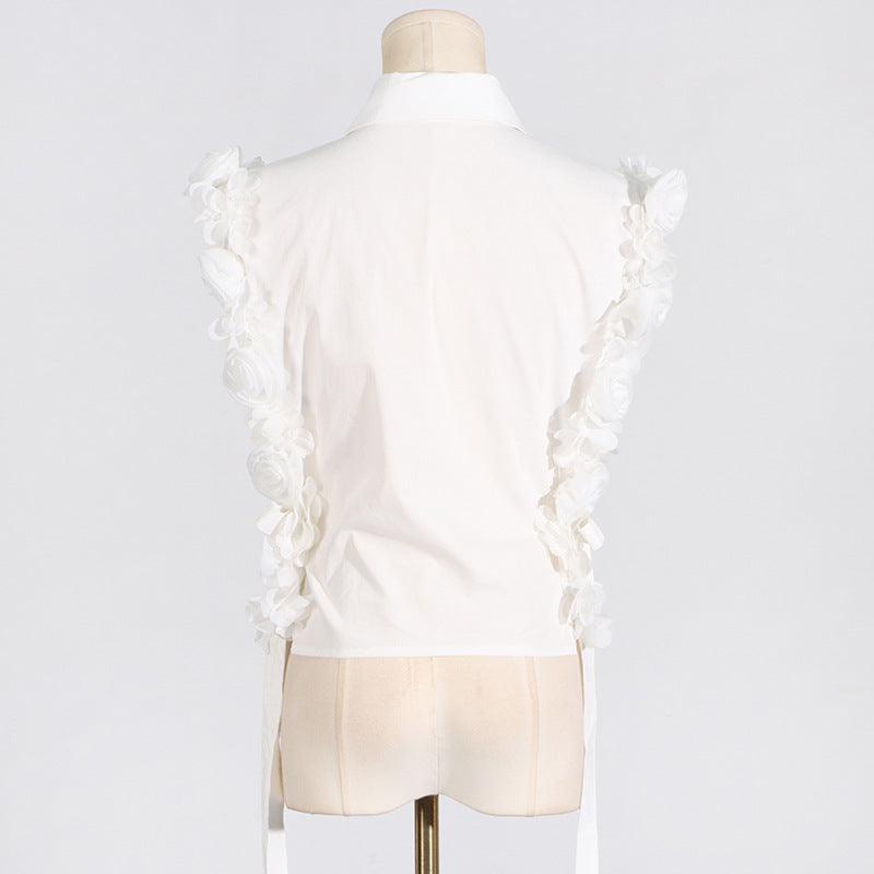 Ladies Sleeveless White Rosette Shirt SKX5210 - SWEETKAMA