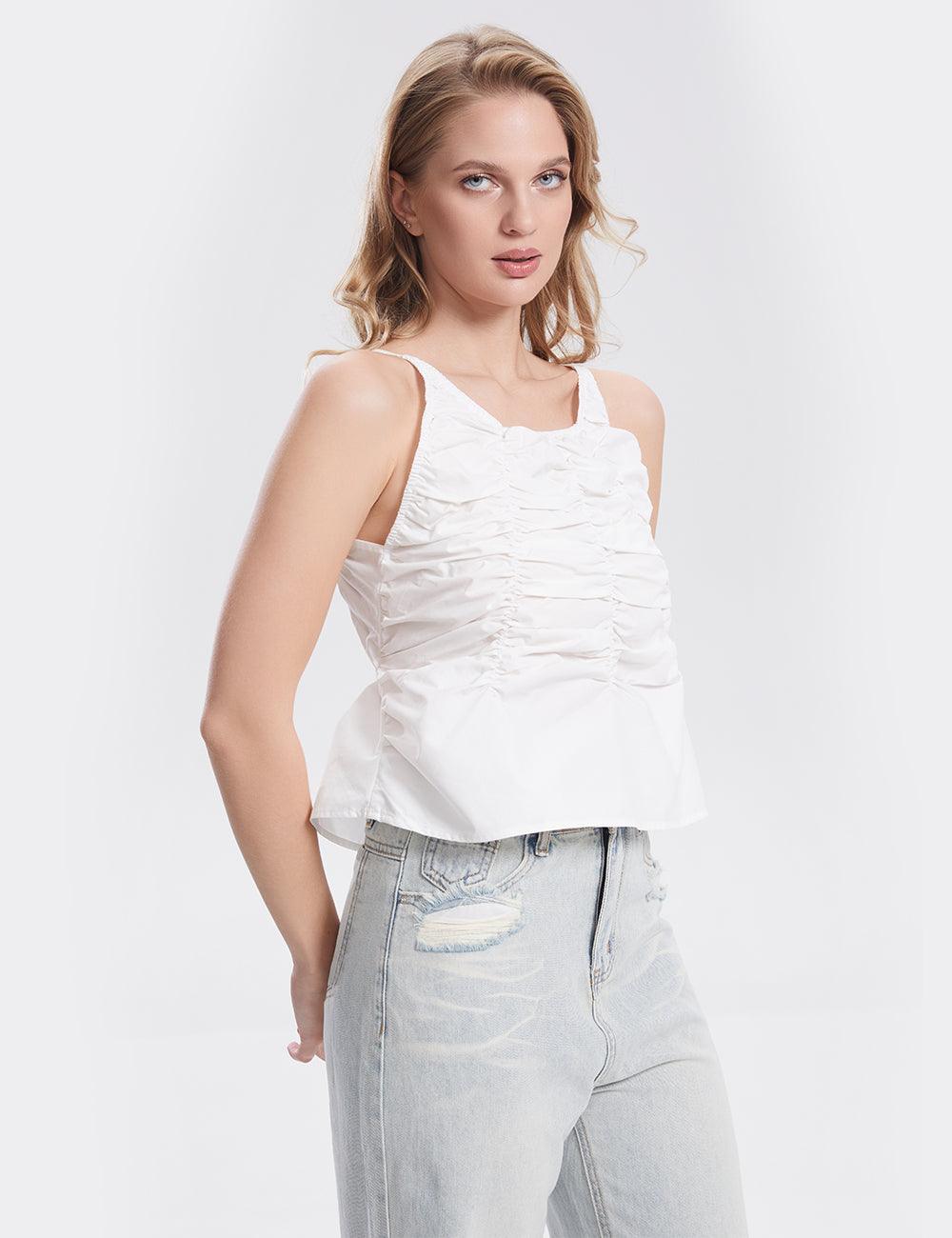 Ladies Sleeveless White Ruched Cami Top SKT290 - SWEETKAMA