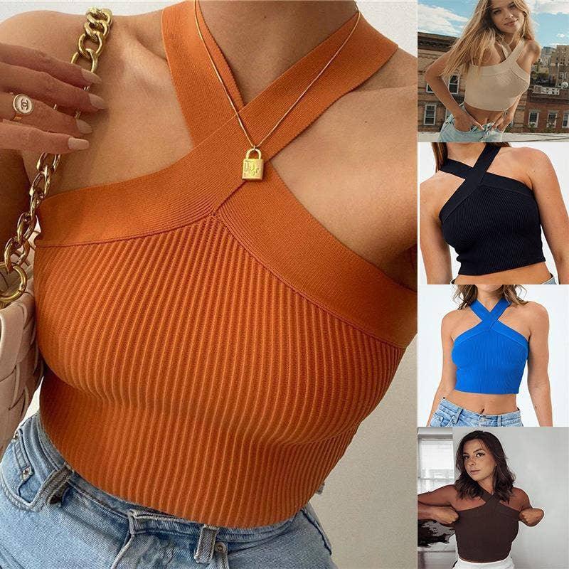 Ladies Slim Sleeveless Cross Neck Crop Top YL0311 - SWEETKAMA