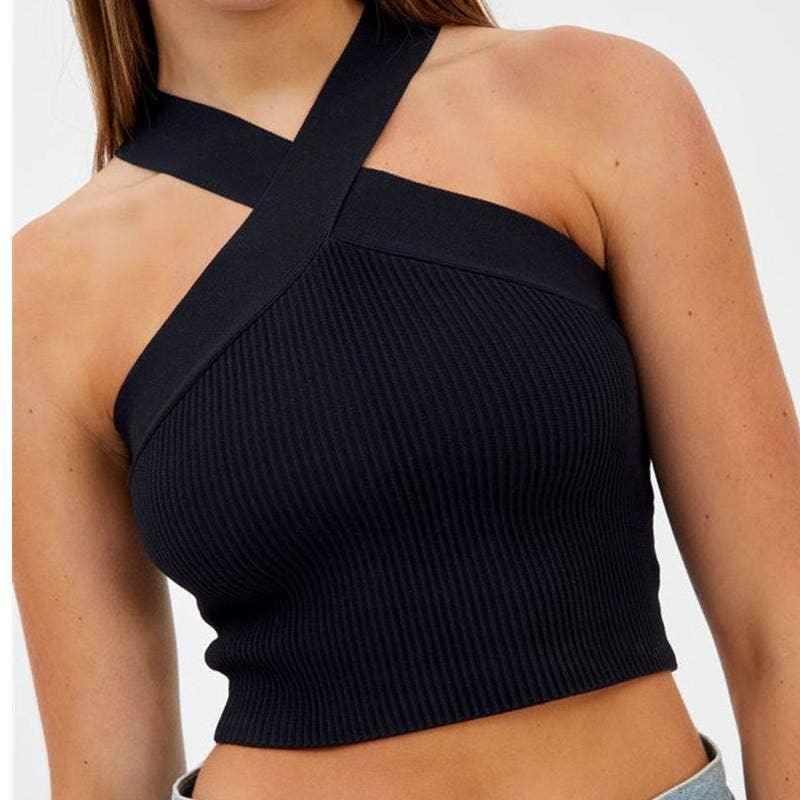 Ladies Slim Sleeveless Cross Neck Crop Top YL0311 - SWEETKAMA